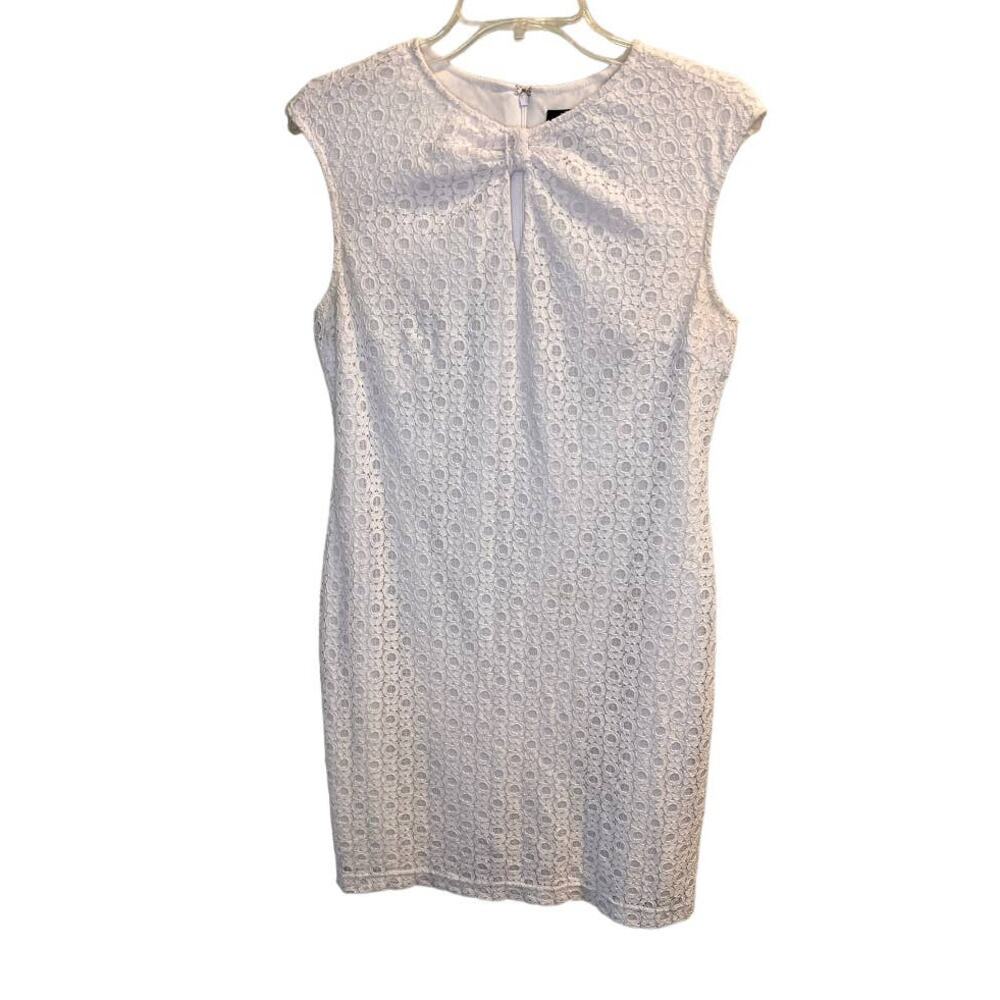 Sharagano Women's White Eyelet Floral Lace Sheath Dress Size 8 Keyhole Classic